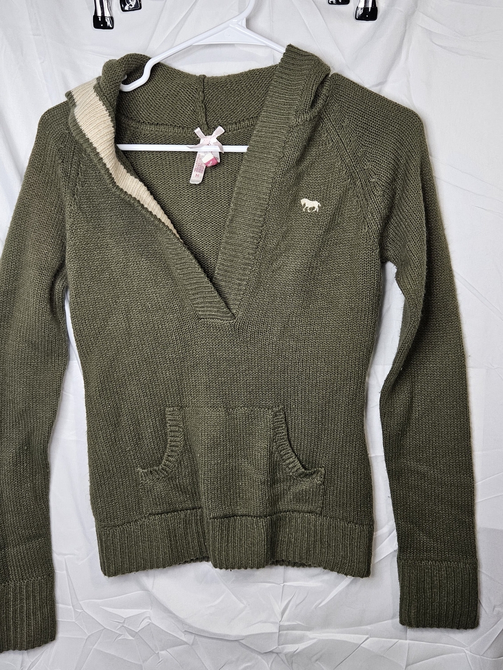 Vintage Derek Heart Olive Green V-Neck Knit Hoodie Sweater - Size M - Y2K Fairy
